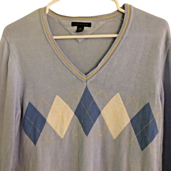 Tommy Hilfiger Argyle V Neck Sweater Womens M Pullover 100% Cotton Gilmore Girls - Picture 1 of 10